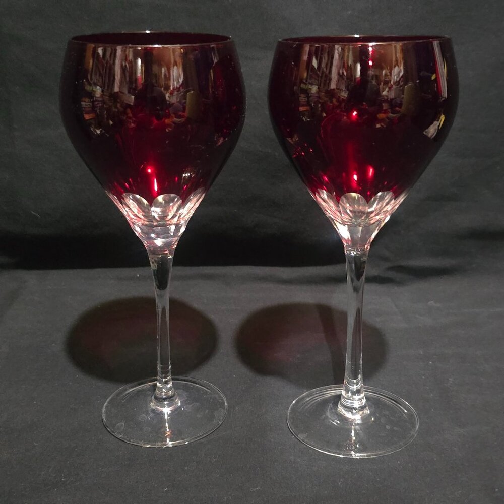 Ruby Red to Clear Cut Glass Wine Goblet - Set of 2